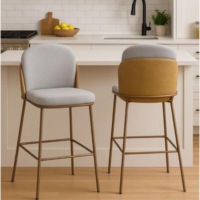 Banqueta Com Encosto Estofado E Base Em Aço Carbono Champanhe – Cristal Exclusiva Linho Lincoln Cinza