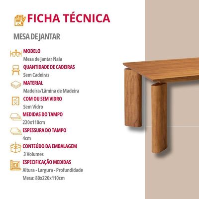 Mesa Nala 220cm Tampo Laminado Canto Moeda Moderna Mobília Cinamomo Imbuia Nat