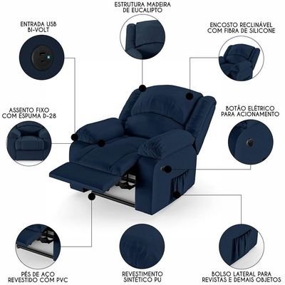 Poltrona Do Papai Reclinável Pietra Power Elétrica Usb Fh9 Pu Azul - Mpozenato