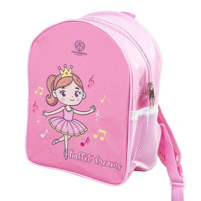 Mochila Infantil Princesa Bailarina Verniz Sublimada Rosa com Porta Garrafa Colombina