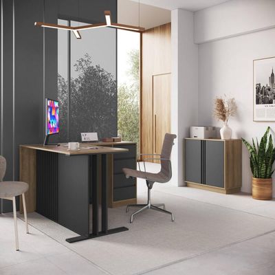 Conjunto para Escritório com 2 Peças Mesa L Armário Baixo CM8000 Mel Grafite Faema