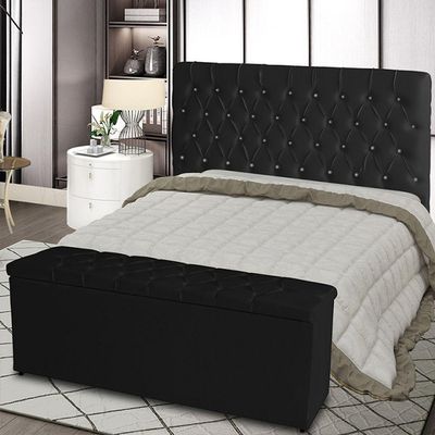 Kit Cabeceira De Cama E Calçadeira Baú Estrela King 195 Cm Suede Capitonê Preto Casa Móveis E Decoração