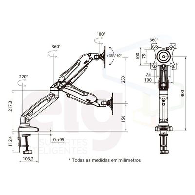 Kit Suporte Articulado De Mesa Pistão A Gás F80n Elg + Bandeja Apoio Notebook Nbh-1