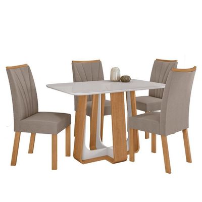 Conjunto Sala de Jantar Mesa 120x80cm Tampo Vidro/MDF 4 Cadeiras Suede Bege Amendoa Clean/Off White