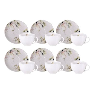 Jogo 6 Xícaras de Chá com Pires 250ml Porcelana Decorada Tramontina Magnólia