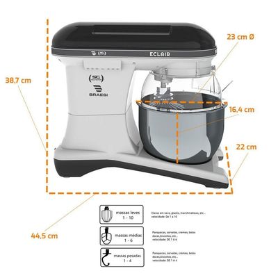 Batedeira Planetária Profissional Eclair 10 Velocidades 5l 1500w Bp-500 Preta Bivolt - Braesi