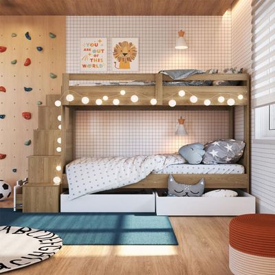 Beliche Infantil com Escada, Nicho e Gavetas Aveiro e Branco