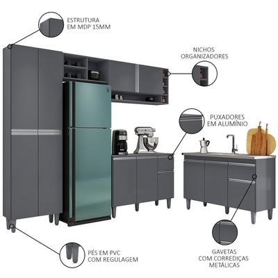 Cozinha Compacta Vanessa E Balcão Gabinete Com Pia Tatiane 120cm Cinza - Ajl Móveis