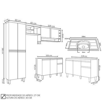 Cozinha Compacta Vanessa E Balcão Gabinete Com Pia Tatiane 120cm Cinza - Ajl Móveis