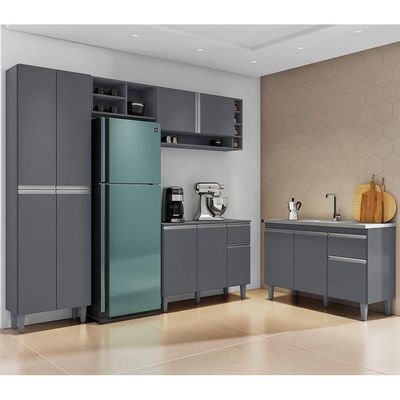 Cozinha Compacta Vanessa E Balcão Gabinete Com Pia Tatiane 120cm Cinza - Ajl Móveis