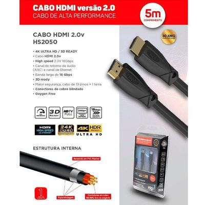 Cabo Hdmi 2.0v 4k 3d High Speed Ethernet 5 Metros Hs2050 Elg