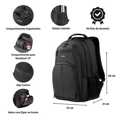 Mochila Masculina Grande Executiva Notebook Street Preta U / Preto