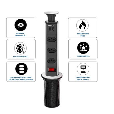 Torre Multiplug Usb 3 Tomadas Retrátil Usb-c E De Embutir