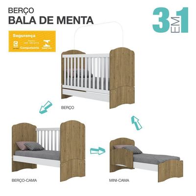 Berço Mini Cama 3 Em 1 Bala De Menta Henn Rústico Branco Hp