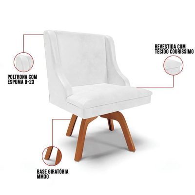 Kit 6 Cadeiras Estofadas Base Giratória De Madeira Lia Sintético Premium Branco - Ibiza