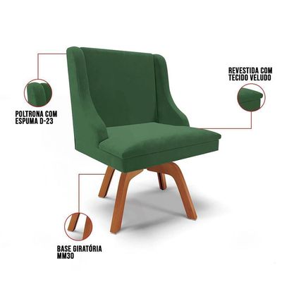 Kit 4 Cadeiras Estofadas Base Giratória De Madeira Lia Veludo Verde Esmeralda - Ibiza