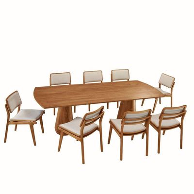 Mesa De Jantar Noronha 220cm Madeira Tampo Barril 8 Cadeiras Eva Linho Off / Imbuia Nat