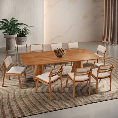 Mesa De Jantar Noronha 220cm Madeira Tampo Barril 8 Cadeiras Eva Linho Off / Imbuia Nat