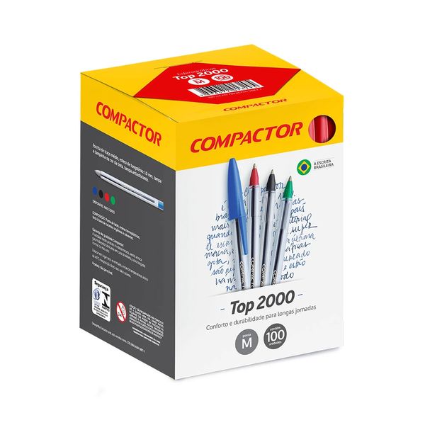 Caneta Esferográfica Compactor Top2000 Ponta Média Vermelha com 100 Unidades