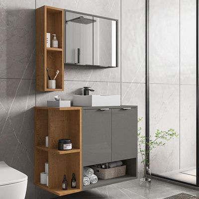 Gabinete Banheiro Ibiza 2 Portas Cuba E Armario Espelheira Titanium naturale