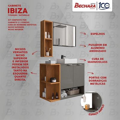 Gabinete Banheiro Ibiza 2 Portas Cuba E Armario Espelheira Titanium naturale