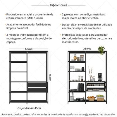 Armário De Cozinha Modulada Compacta 135cm 2 Peças Com 2 Gavetas Multimóveis Mp2284 Preto
