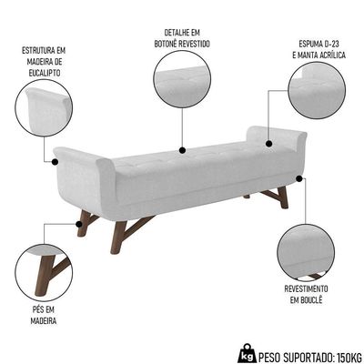 Puff Recamier Calçadeira 160cm Base Madeira Neville P02 Bouclé Branco - Mpozenato