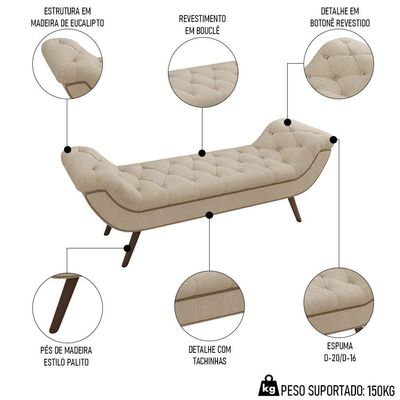 Puff Recamier Calçadeira 160cm Pés Palito Madeira Venêto P02 Bouclé Bege - Mpozenato