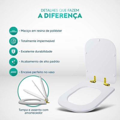 Tampa De Vaso Poliéster Com Amortecedor Piano Marrom Fosco Para Bacia Deca Com Ferragem Dourada