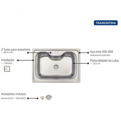 Cuba de Sobrepor 69x49 Cm em Aço Inox com Válvula Tramontina