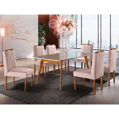 Conjunto Sala De Jantar 6 Lugares Mesa Slim E Cadeiras Em Veludo Móveis Mix Mel/off-white/nude