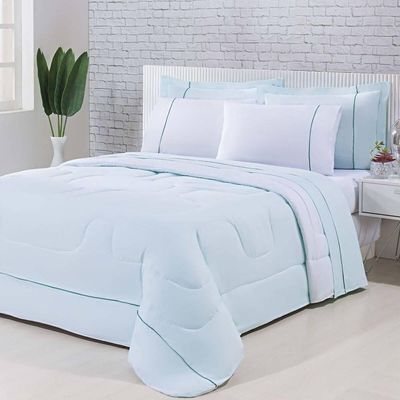 Kit Edredom 100% Algodão Percal 150 Fios Dupla Face King + Jogo De Cama 7 Peças - em versão com cor Branco- Verde