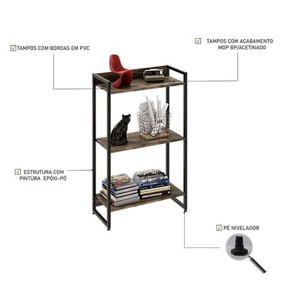 Estante Dynamica 60x30x104cm C/03 Prateleiras Carvalho Dark / Est.preta Carvalho Dark / Est.preta