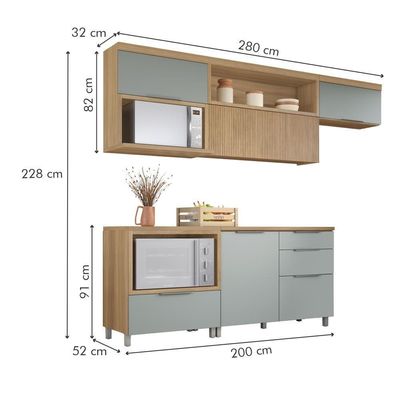 Cozinha Modulada 5 Peças E 5 Gavetas 100% Mdf Marquesa Nature/verde Nesher Nature/verde