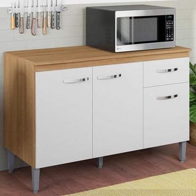 Balcão De Cozinha 120cm Gabriela 3 Portas 1 Gaveta Com Tampo Amêndoa/Branco