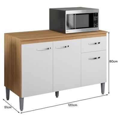 Balcão De Cozinha 120cm Gabriela 3 Portas 1 Gaveta Com Tampo Amêndoa/Branco