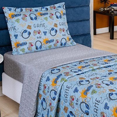 Colcha Cobre Leito Bouti Dupla Face Solteiro Infantil Kids 2 Peças - Game - Alta Performance