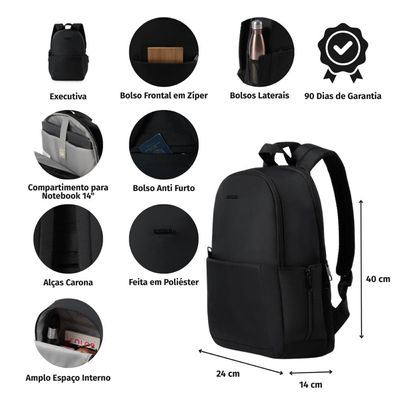 Mochila Feminina Executiva Versatille Para Notebook Preto U / Preto
