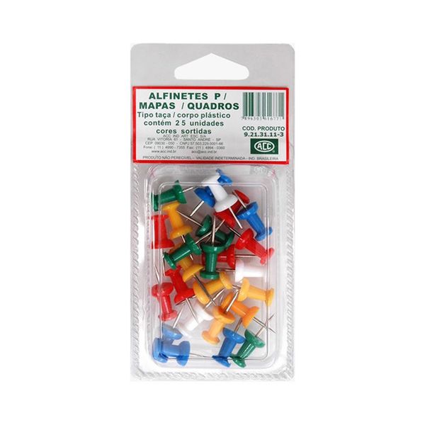 Alfinete Acc Aço Niquelado Cabeça Plástica Taça Colorida para Mapas e Quadros com 25 Unidades