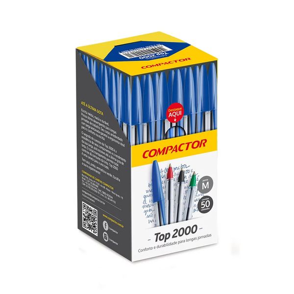 Caneta Esferográfica Compactor Top2000 Ponta Média Azul com 50 Unidades