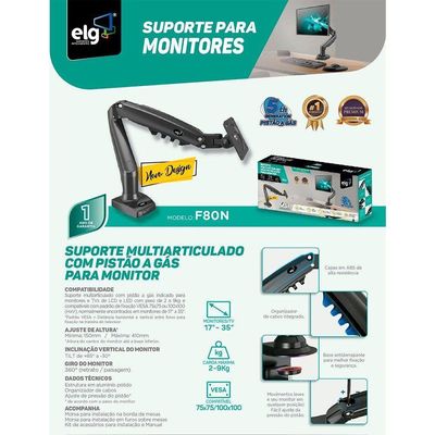 Suporte Articulado Para Monitor 15 A 34 Ajuste De Altura E Pistão A Gás F80n Elg