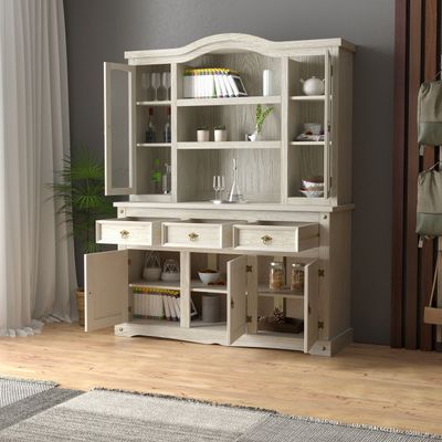 Cristaleira em Madeira 5 Portas 3 Gavetas 153 x 196 cm Patina Branca Elliottiis