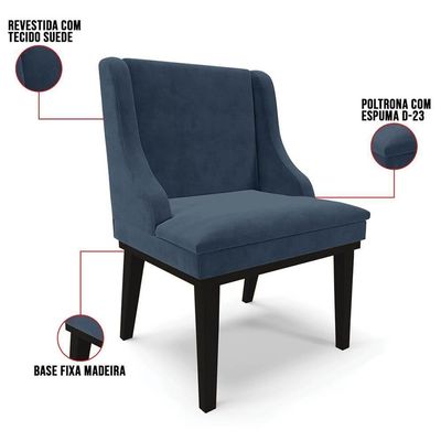 Kit 6 Cadeiras Estofadas Para Sala De Jantar Base Fixa De Madeira Preto Lia Suede Azul Marinho - Ibiza