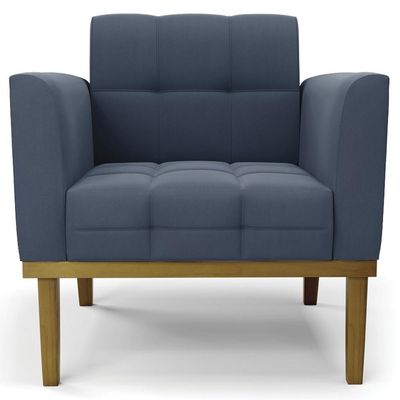 Poltrona Decorativa Base Madeira Castanho Ana Suede Azul Marinho - Ibiza