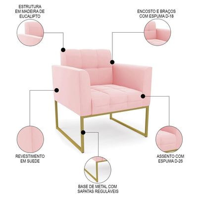 Poltrona Base Industrial Dourado Kit 2 Ana Suede Rosa Bebê - Ibiza