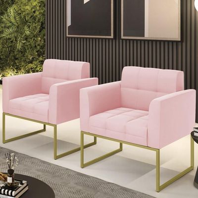 Poltrona Base Industrial Dourado Kit 2 Ana Suede Rosa Bebê - Ibiza