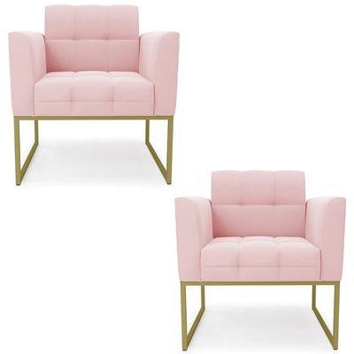 Poltrona Base Industrial Dourado Kit 2 Ana Suede Rosa Bebê - Ibiza
