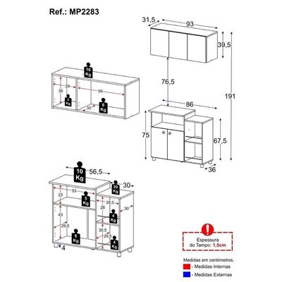 Kit Armário De Cozinha Aéreo 93cm Com Balcão Multiuso Fruteira Multimóveis Mp2283 Branco