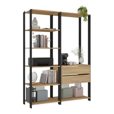 Estante Livreiro Modular 135cm 2 Peças Com 2 Gavetas Multimóveis Mp6029 Preto/madeirado