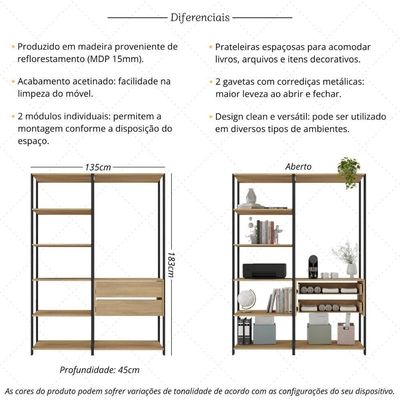 Estante Livreiro Modular 135cm 2 Peças Com 2 Gavetas Multimóveis Mp6029 Preto/madeirado